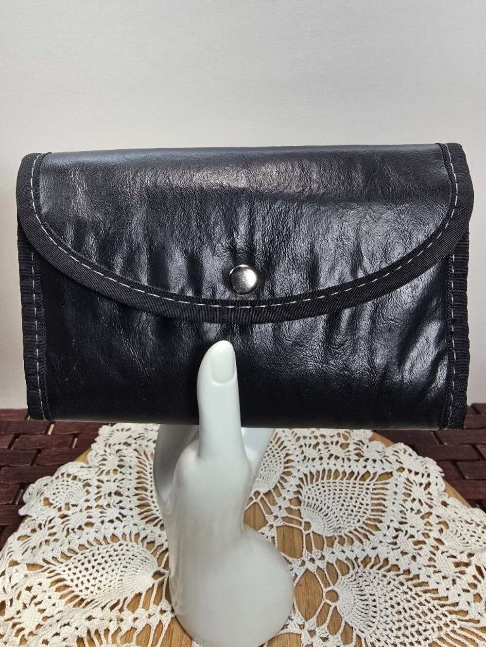 Vegan Leather Trifold Black Clutch Purse with Snap Closure Multiple Compartments